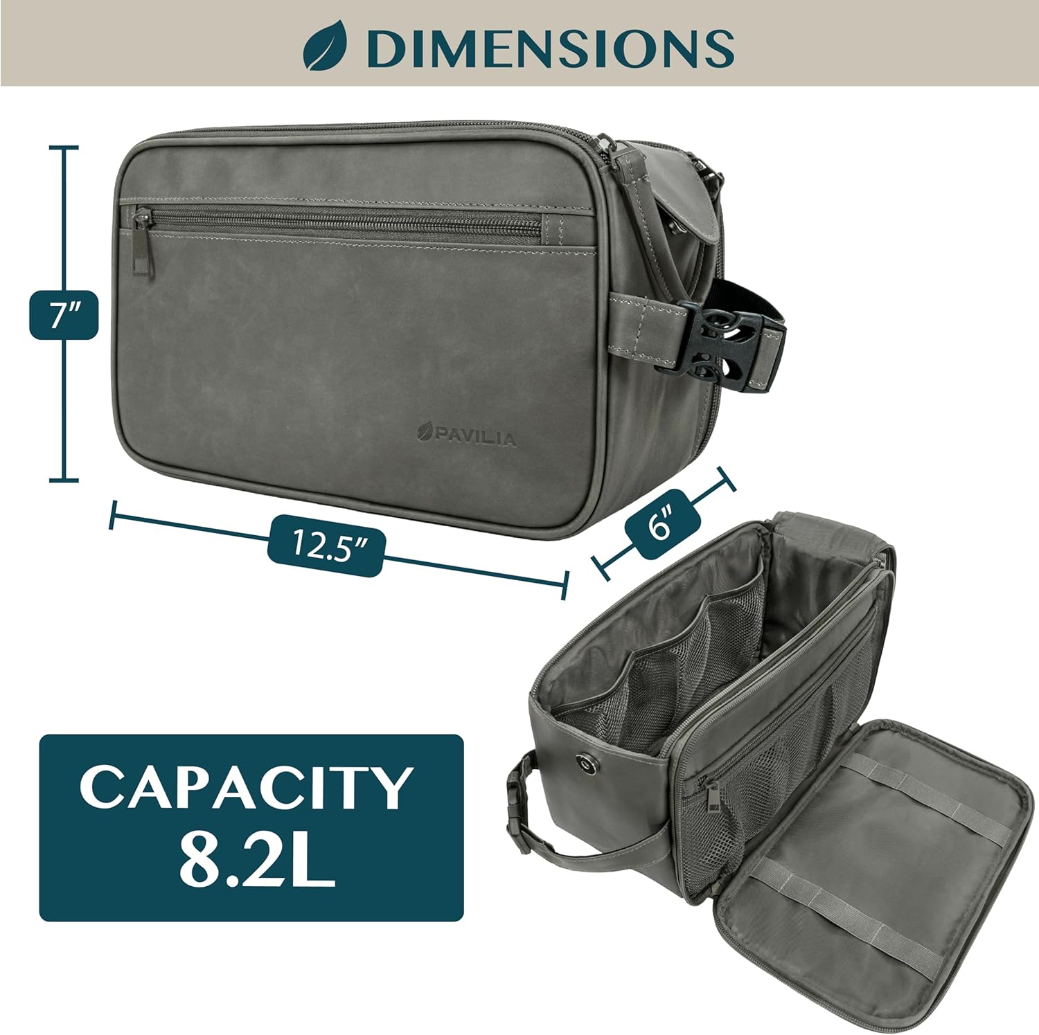 PAVILIA Toiletry Bag for Men, Travel Essentials Shaving Dopp Kit, Mens Travel Bag Toiletries Organizer Case for Grooming, PU Leather Water Resistant Cosmetic Bag Pouch (XL, Dark Grey)