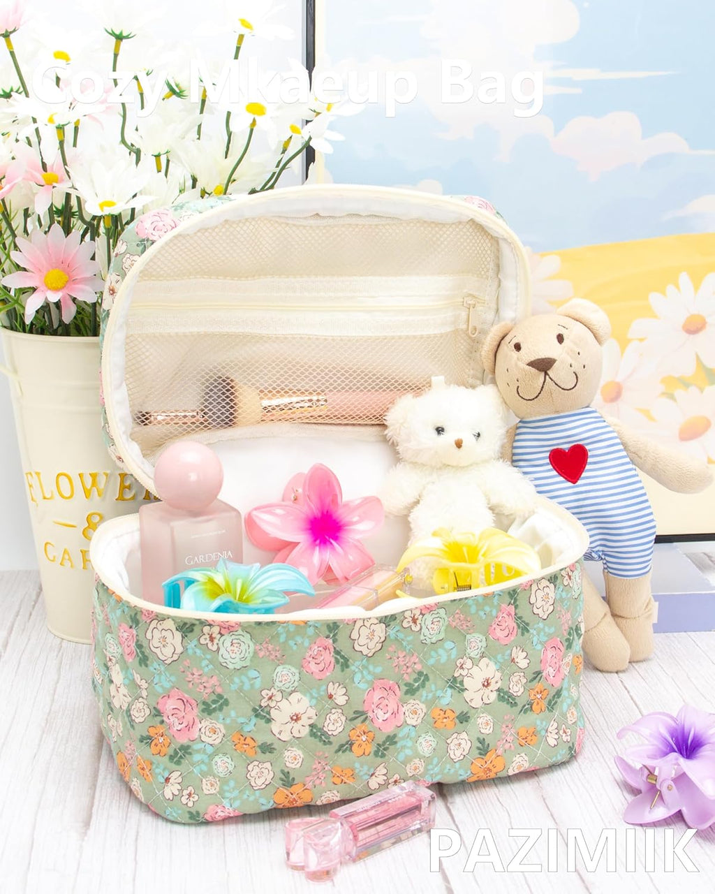 PAZIMIIK 3PCS Makeup Bag SET Large Travel Quilted Zipper Soft Cosmetic Case Pouch for Women Girls Make Up,Green Flower