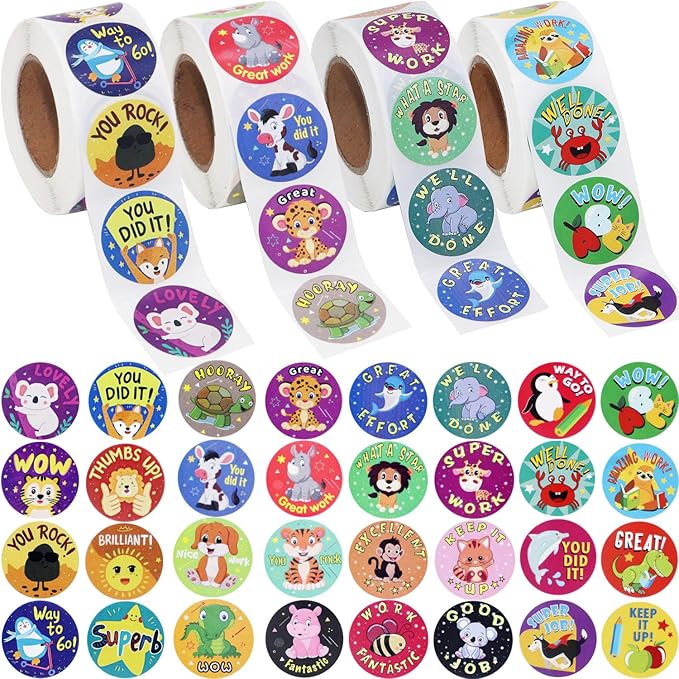 2000Pcs Reward Stickers, 4Rolls Animal Styles Teacher Motivational Sticker for School Classroom Supplies