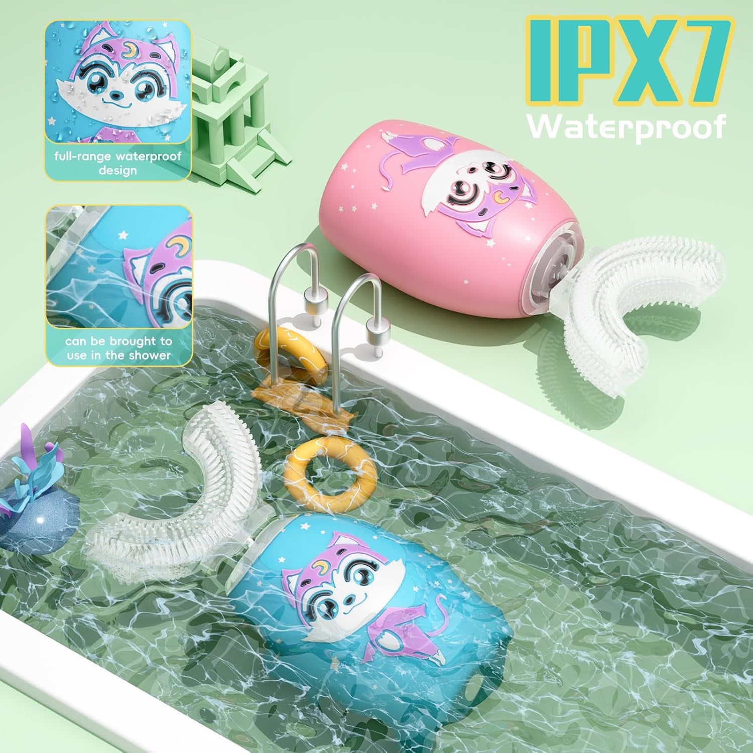 Kids U Shaped Electric Toothbrush with 4 Brush Heads, Rechargeable Toothbrush Kids with 2 Modes, Cartoon Cat 360-Degree Cleaning IPX7 Waterproof Design (Ages 2-12)