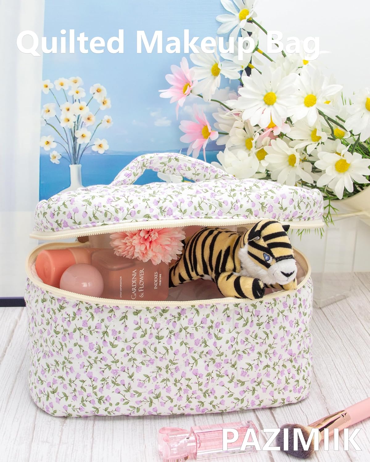 PAZIMIIK Quilted Makeup Bag Large Travel Zipper Soft Cosmetic Case for Women Girls Make Up,Floral Purple