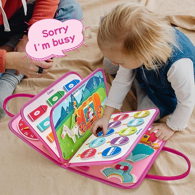 Freebear Deluxe Pink Princess Quiet Book Sensory Board for Toddlers 1-4, Montessori Educational Toys for Girls, Travel Toys with Activities