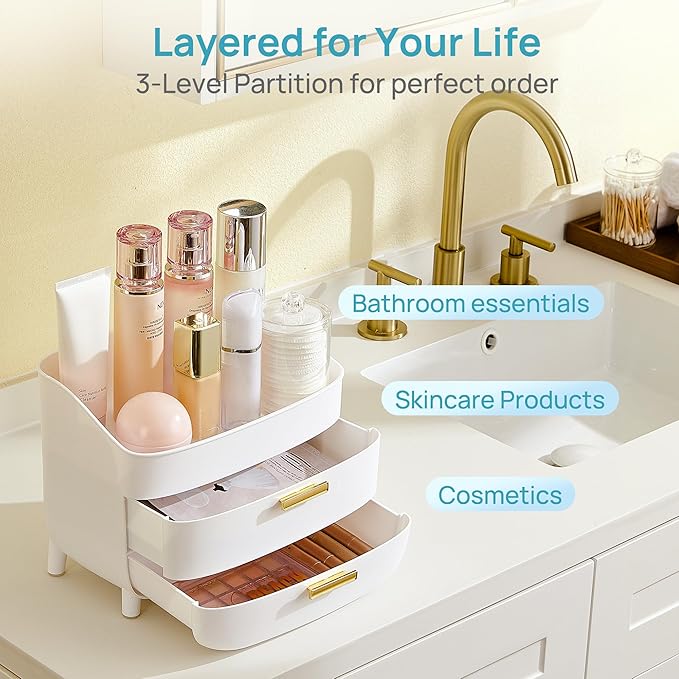Vtopmart 3-Tier Skincare Makeup Organizer with Drawers for Vanity and Bathroom Countertop, Large Cosmetic Storage Box Case for Dresser, with Non-Slip Base