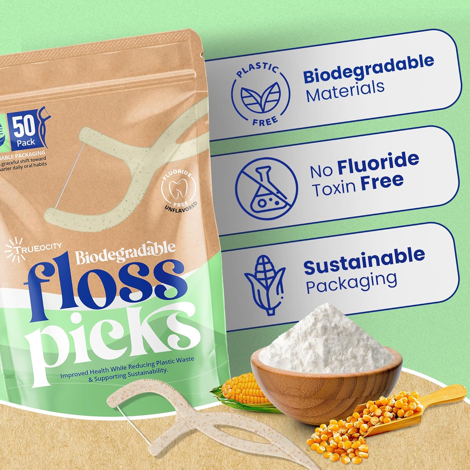 Biodegradable Floss Picks, Natural & Organic Floss Picks, Eco-Friendly Tooth Flossers, Ideal for Adults, Gentle & Effective Flossing, Fresh Breath, Sustainable Oral Care (100 Units)