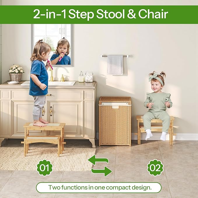 HOOBRO Wooden Step Stool for Toddlers, 2-in-1 Step Stool for Kids, Retractable Bamboo Stool with Anti-Slip Surface, for Bathroom Sink, Potty Training, Easy Assembly, Natural and White YL20JD01