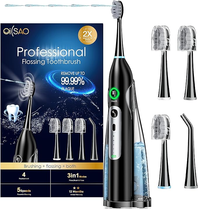 Electric Toothbrush with Water Flosser, 3 Sonic Modes, 5 Flossing Speeds with 3 Brushes + 1 Nozzle, Portable Flossing Toothbrush Combo for Adults Teeth Cleaning Kit for Plaque Removal,Black