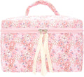 PAZIMIIK Quilted Makeup Bag Large Travel Zipper Soft Cosmetic Case for Women Girls Make Up,Pink Flower