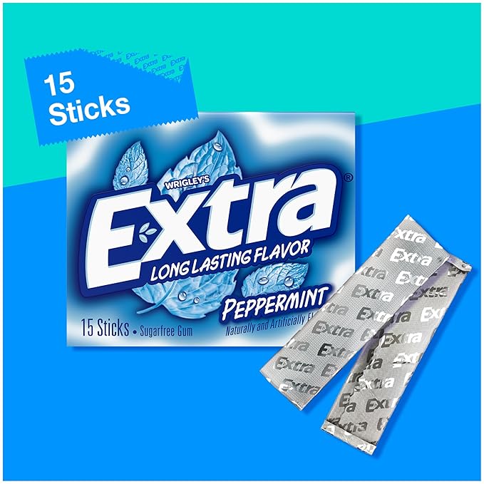 Extra Gum Peppermint Chewing Gum Bulk, Individually Wrapped, Perfect for Fresh Breath at School, Work, and Travel, 15 Count (Pack of 10)