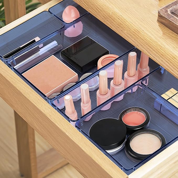 10 PCS Drawer Organizer Set, 5 Varied Size Bathroom and kitchen Drawer cabinet organizer Trays, Clear Storage Bins for Makeup, Jewelry, Utensils and Gadgets, Dark Blue