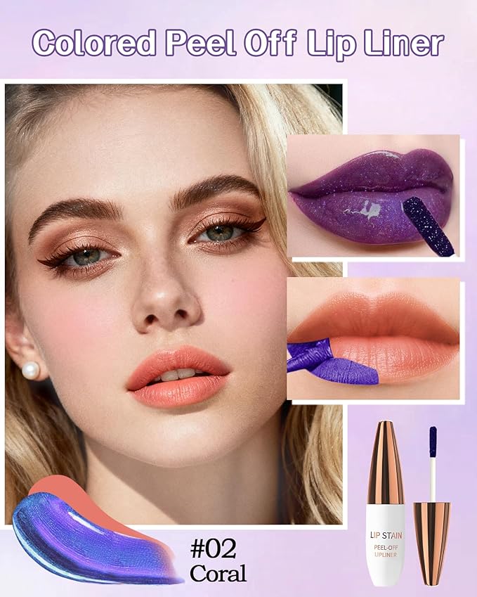 Lip Stain Peel Off, Waterproof Long Lasting Qiciy Tattoo Lip Gloss Color Peel Off Lips Tint Stain, Transfer-Proof Matte Tinted Lips Liner, High Pigmented Tattoo Lipstick Makeup Gift for Women-02 Coral