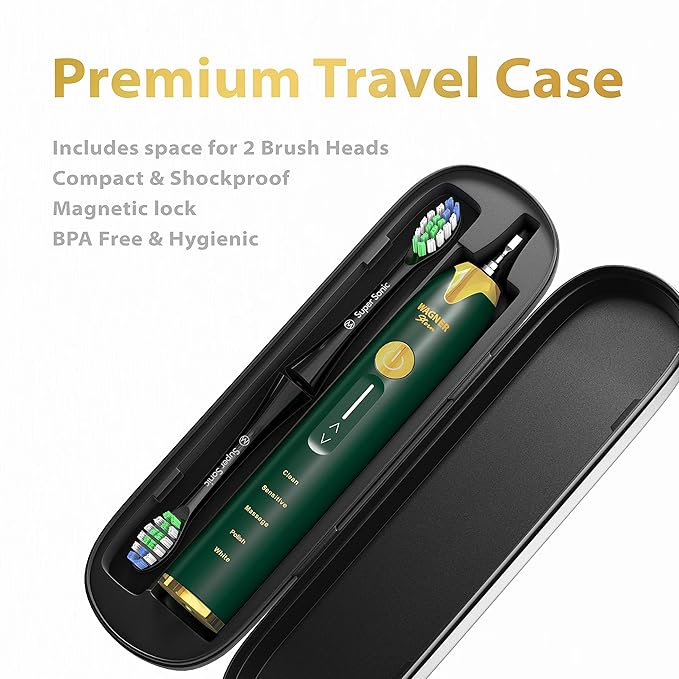 Wagner Stern Ultrasonic whitening Toothbrush with Pressure Sensor. 5 Brushing Modes and 4 Levels of Intensity, 8 Soft bristles, Travel case.