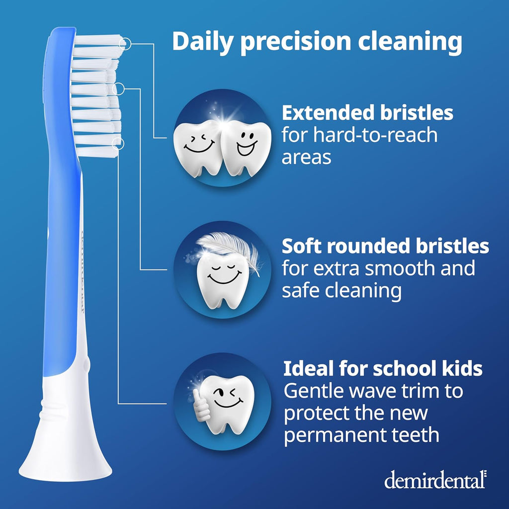 demirdental Kids Toothbrush Heads Compatible with Philips Sonicare Kids Toothbrush Heads - Replacement Heads Sensitive - Brush Heads from Ages 7 to 10 - Dark Blue - Replaces HX6048-8 Pack