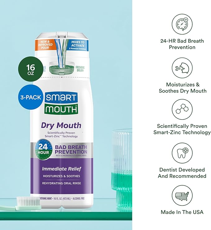 SmartMouth Activated Dry Mouth Mouthwash, Dry Mouth and Bad Breath Relief, Mint, 16 fl oz, 3 Pack