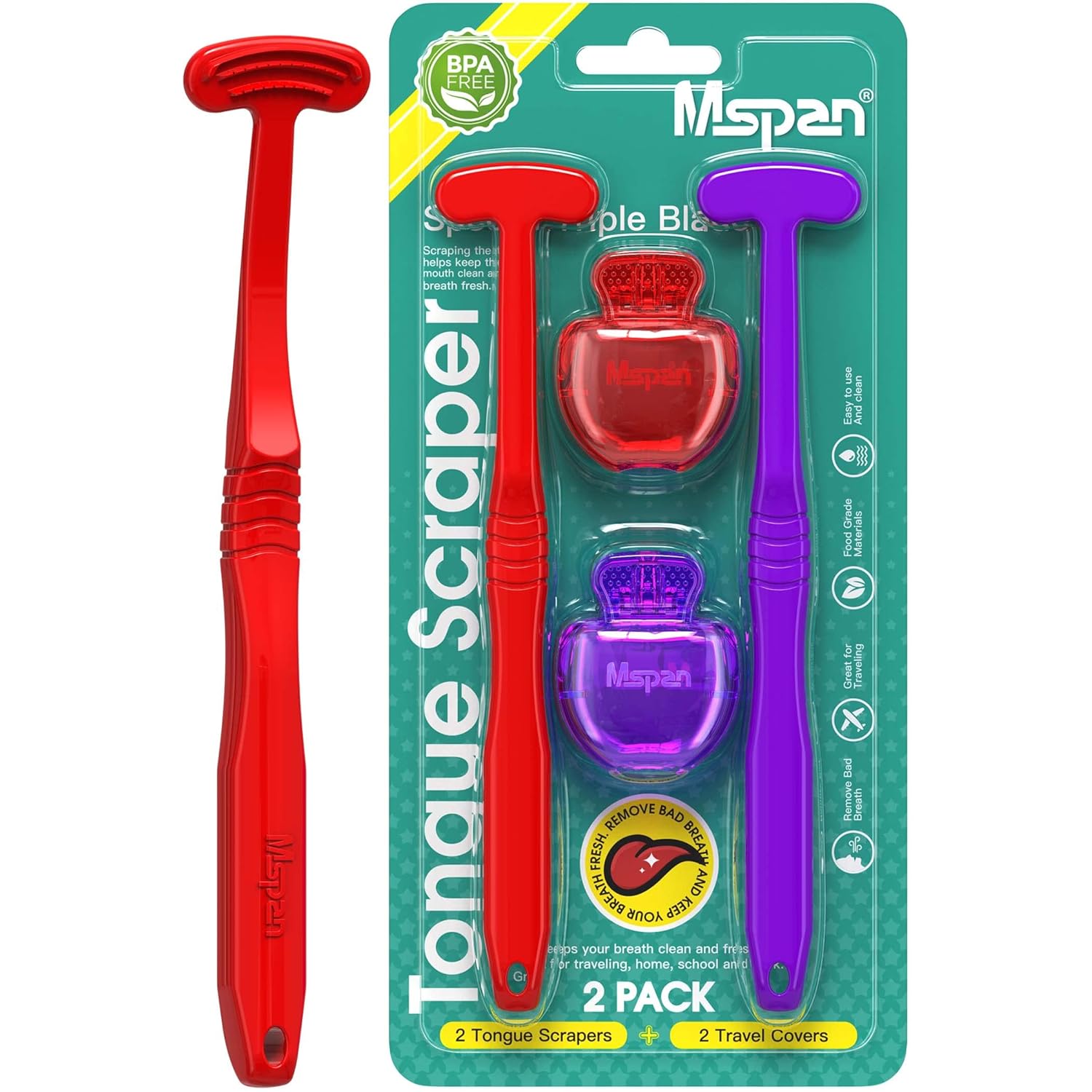 Mspan Tongue Scraper Cleaner for Adults: Tongue Brush Cleaning Scrubber with Plastic Travel Case Cap - Clean Bad Breath Dental Oral Care Red Purple 2 Pack