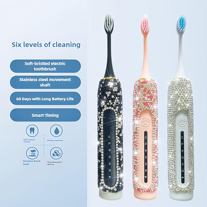 Electric Toothbrush for Woman Bling Diamond Decor Portable Travel Essentials for Couple Gifts Toothbrush with 3 Replacement Heads 6 Modes（Silver & Black