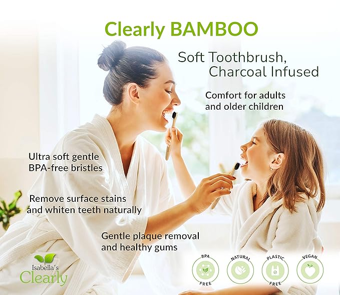 Clearly Bamboo Toothbrush Set | Extra Soft Charcoal Infused Bristles, Eco Biodegradable Wood, BPA Free Vegan Nylon | Great for Teeth Whitening, Sensitive Gums, Adults, Kids (Family Pack of 4)