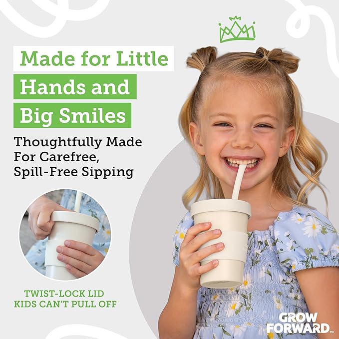 Grow Forward Bamboo Kids Cups with Lids and Straws - 10oz Drinking Cups for Kids with Childproof Twist Lids & Silicone Straws - Eco Friendly, BPA Free, Non Toxic & Dishwasher Safe - Arctic