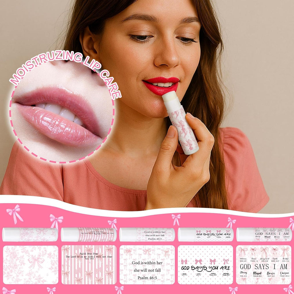 50 Pack Christmas Christian Religious Gifts Bulk Pink Bow Lip Balms for Women Church Party Favors Bible Verse Lip Balms Bulk Gifts for Coworkers Staff Employee Christmas Stocking Stuffers