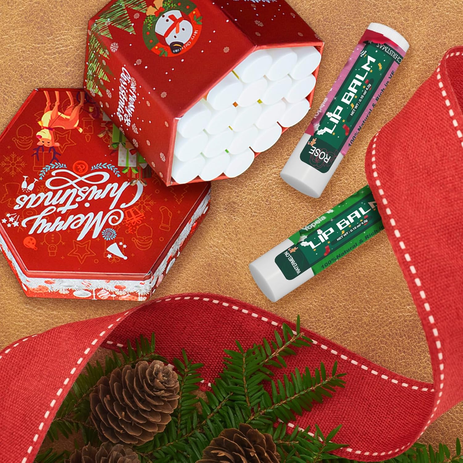 Yopela 19 Pack Christmas Natural Lip Balm Bulk with Vitamin E and Coconut Oil Lip Care Set - Moisturizing, Soothing, and Repairing Dry and Chapped Lips - 19 Flavors - Non-GMO