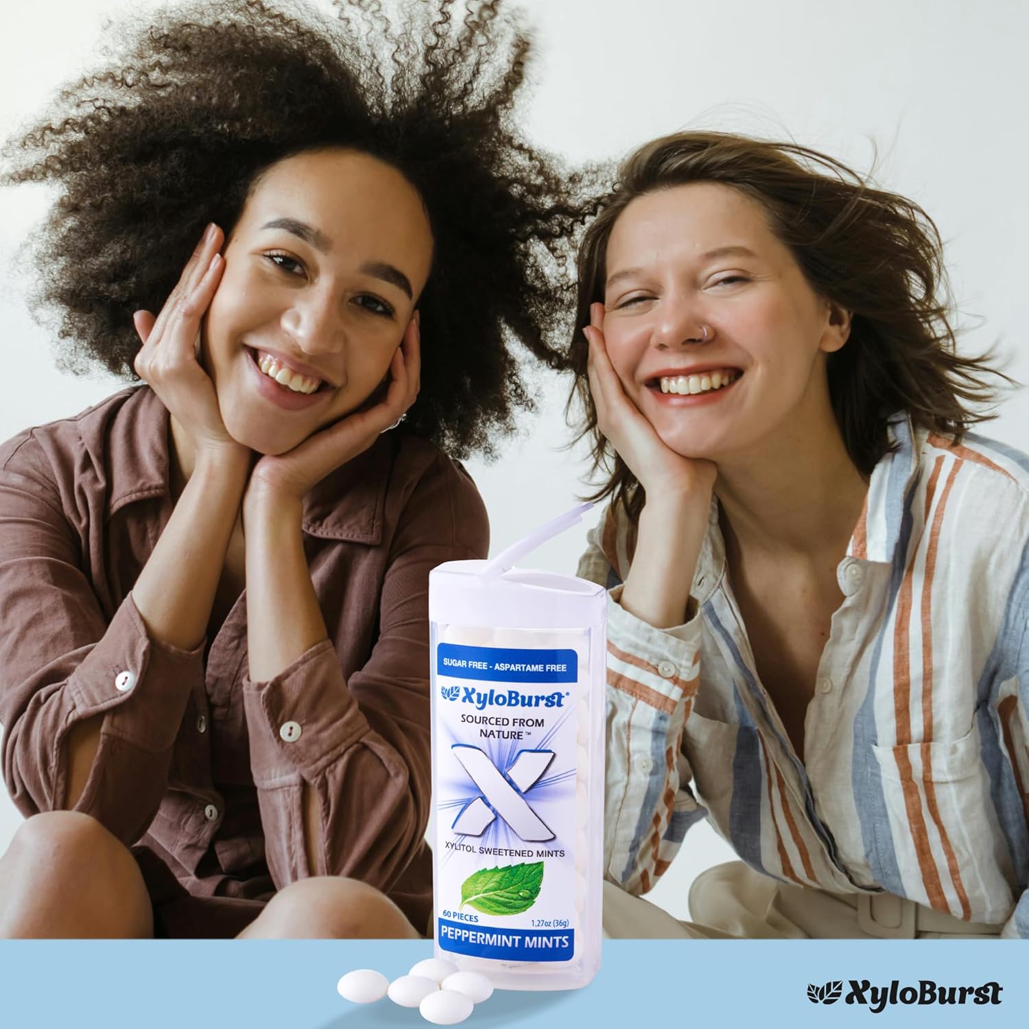 XyloBurst - Xylitol Mints | Sugar Free Breath Mints for Oral Health | Gluten Free, Vegan, Keto Friendly | Aspartame Free Mints | Peppermint | 60 Count Jar, 8-Pack