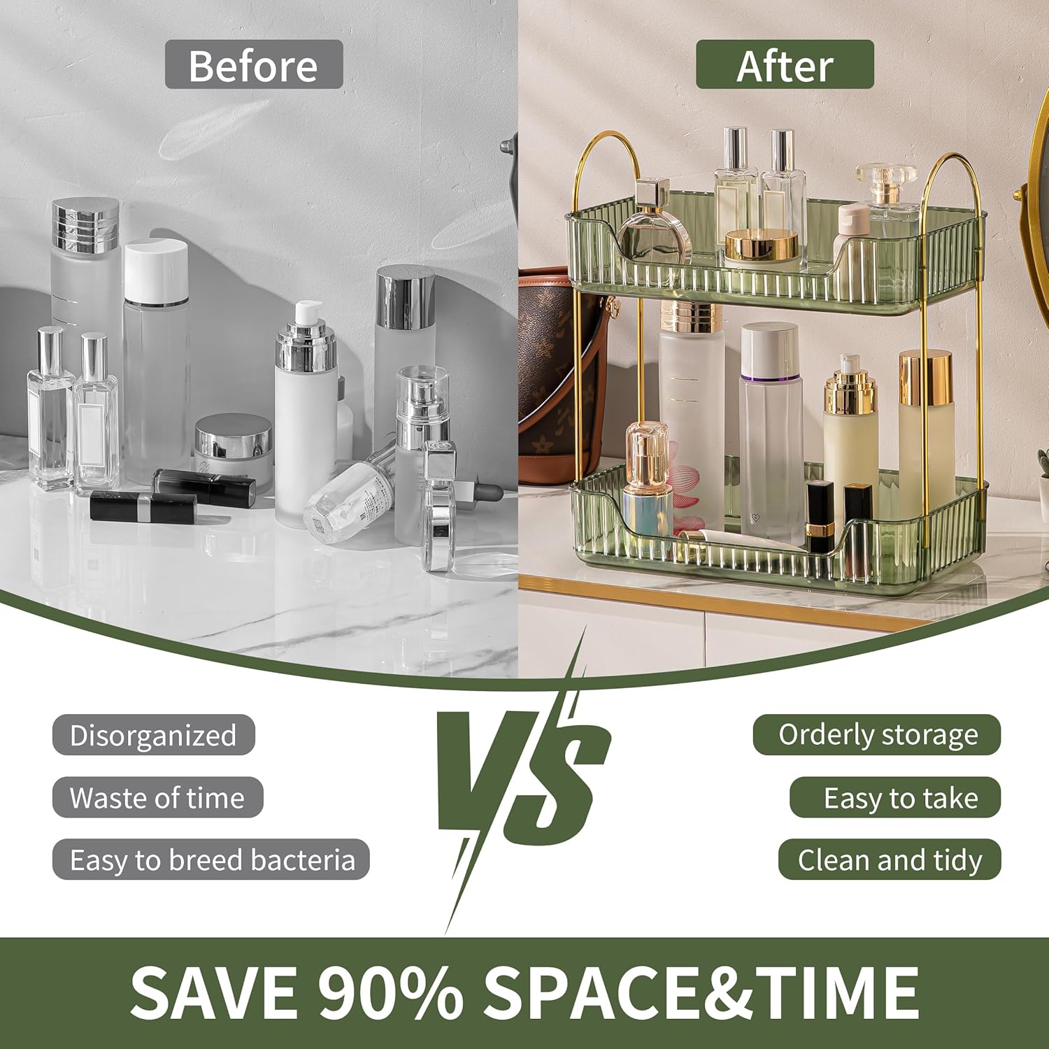 YCIA&DONE Bathroom Organizer Countertop, Makeup Storage, Skincare Cosmetic Tray Shelf, Perfume Holder Rack for Vanity Counter, Large Capacity, Easy to Install, Clean, 2 Tiers, Vintage Green