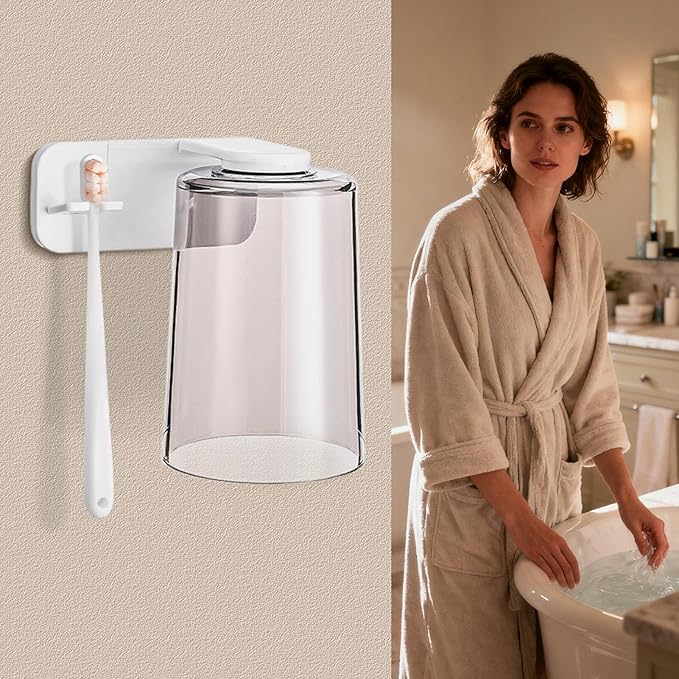 Toothbrush Organizer - Mouthwash Cup Set, Wall Mounted Toothbrush Storage, Bathroom Fixture with Compact Mount Design, Hygiene Rack for Home Apartment Dorm Office Hotel RV