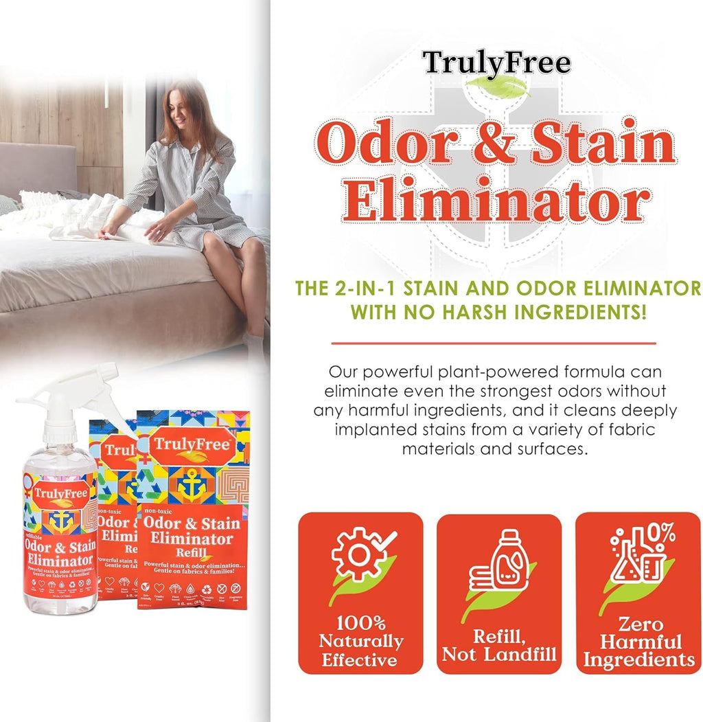 Truly Free Multi-Purpose Odor & Stain Eliminator, Pet Odor Eliminator for Home & Stain Remover for Carpet, Couch, Rugs & More, Upholstery Deodorizer, Includes 1 Empty Bottle Spray & 2 Refill (3 oz ea)