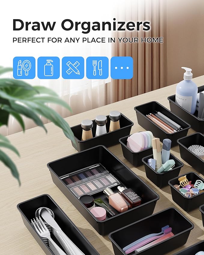 25 PCS Plastic Drawer Organizers Set, 4-Sizes Vanity and Makeup Organizer, Desk and bathroom Drawer Organizer Trays, Organizers and Storage for Makeup, Jewelry, Gadgets, Utensils (Black)