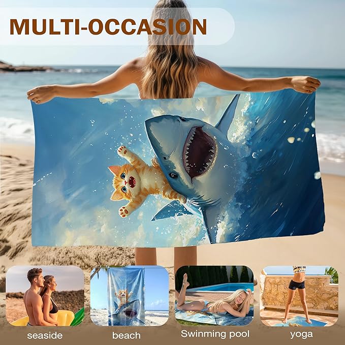 Funny Cat Shark Beach Towel, Coastal Ocean Cats Pool Towels, Cat Shark Lovers Gifts Large Beach Bath Travel Towels for Kids Girls Boys, Funny Cats Sharks Bathroom Accessories Decor, 30x60in