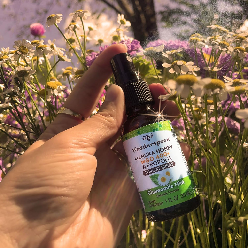 Wedderspoon Propolis and Manuka Honey Throat Spray, Chamomile & Mint, 1 Fl Oz (Pack of 1), Sore Throat Relief, Natural Immune Support