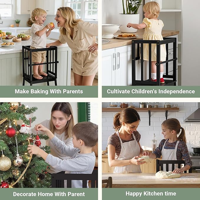 COSYLAND Kids Kitchen Step Stool Helper Baby and Toddler Multi-Function Step up Nursery Helper Stand with Safety Rail in Natural Bamboo, Strong and Lightweight 1.5-3 Years (Black)