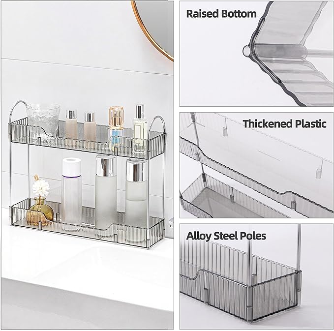 YCIA&DONE 2 Tiers Narrow Vanity Makeup Organizer, Bathroom Organizers Countertop Slim, Perfume Holder Skincare Storage Cosmetic Shelf Spice Rack, for Small Desktop Counter Space, Smoky Gray