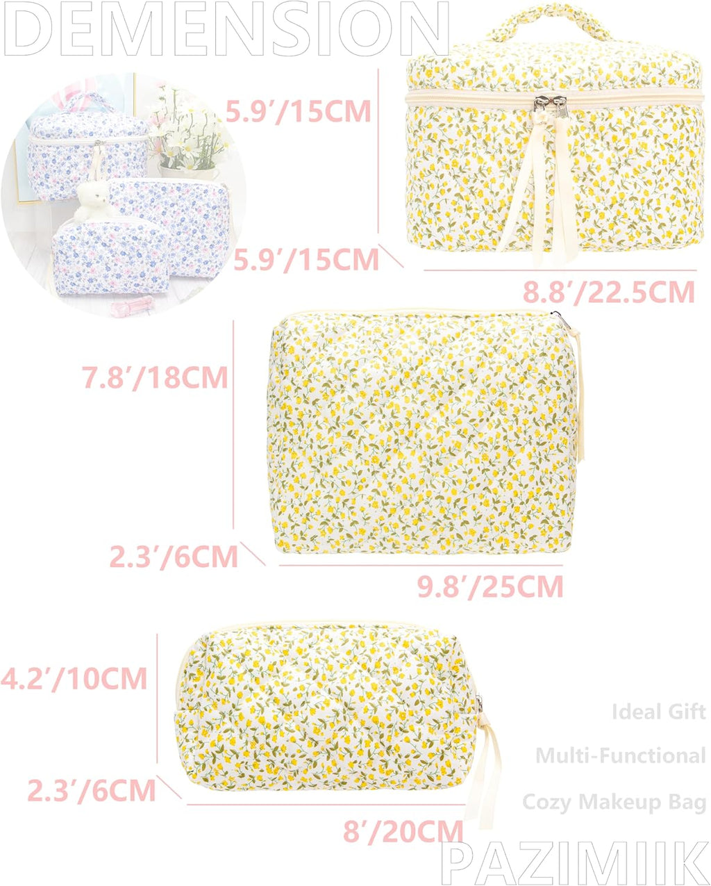 PAZIMIIK 3PCS Makeup Bag SET Large Travel Quilted Zipper Soft Cosmetic Case Pouch for Women Girls Make Up,Floral Yellow