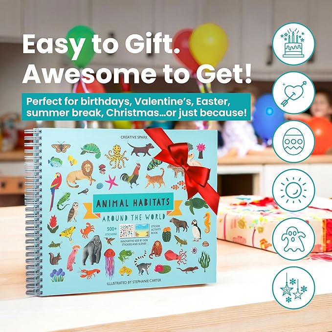 Cupkin Animal Sticker Book Activity for Kids, Toddler Airplane Travel Essentials, 500+ Habitat Stickers for Kids + 12 Scenes + 12 Coloring Book Pages, Animal Lover Gift, Childrens Crafts for Ages 2-8