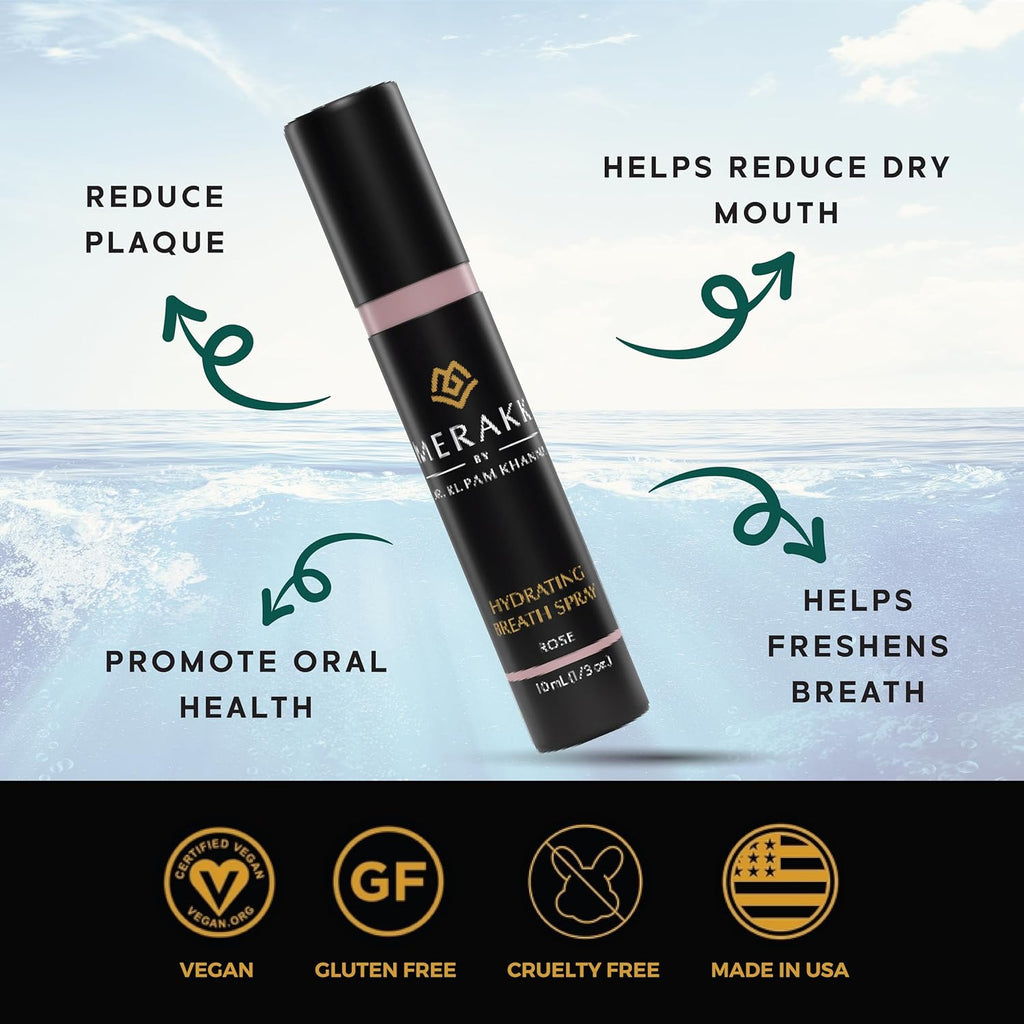 Merakk Limited Edition Fresh Breath Spray in Rose - Sugar-Free Breath Freshener Spray & Dry Mouth Spray - Bad Breath Spray with Stevioside, Menthol & Glycerin - Dentist-Designed Oral Spray - 0.3 fl oz