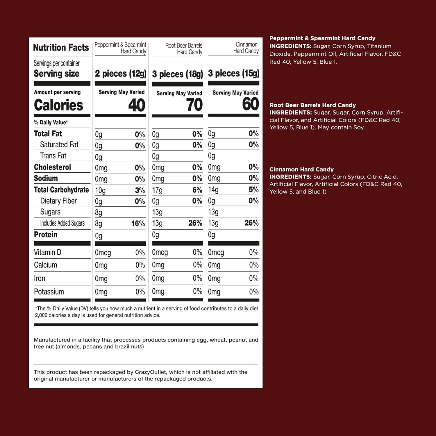 Hard Candy Assortment - 2 Pound Bulk Pack (About 180 Count) - Root Beer Barrels, Cinnamon, Peppermint, Spearmint