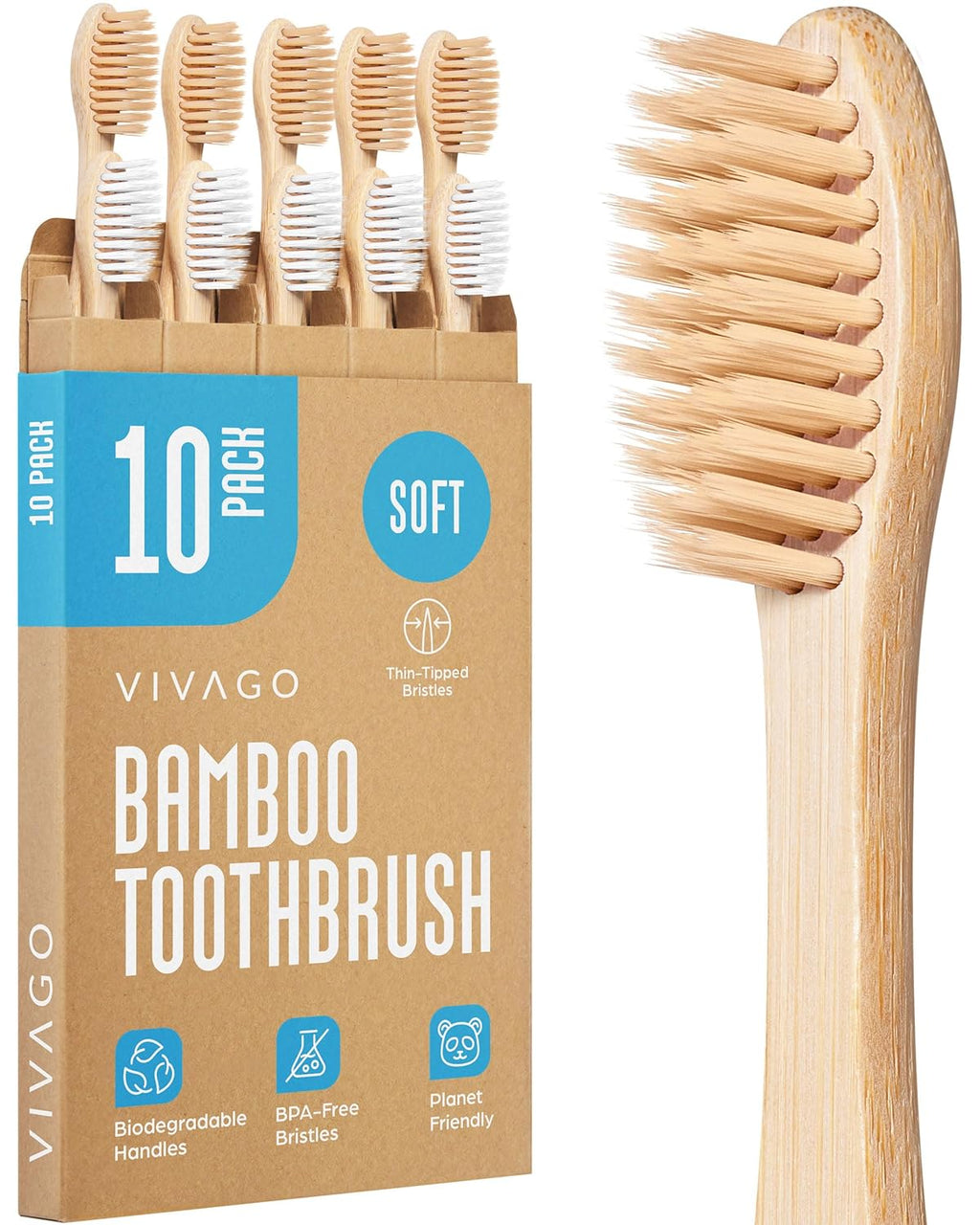 Soft Flossing Bamboo Toothbrushes 10 Pack - BPA Free Soft Bristles Toothbrushes for Adults, Natural Wooden Toothbrush