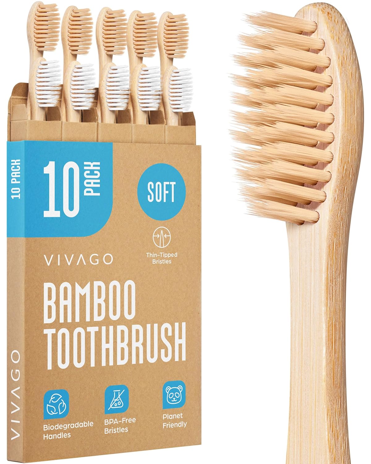 Soft Flossing Bamboo Toothbrushes 10 Pack - BPA Free Soft Bristles Toothbrushes for Adults, Natural Wooden Toothbrush