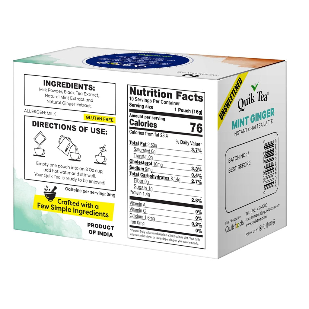 QuikTea Mint Ginger Unsweetened Chai Tea Latte – 10 Count, Bold Mint Ginger Flavor, Naturally Caffeine-Light, no preservatives, No Sugar Added – Just Add Hot Water