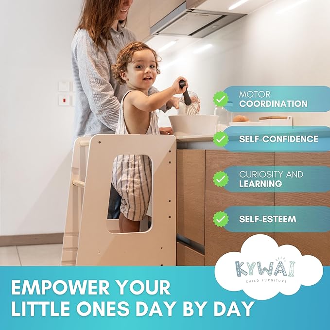 KYWAI® Toddler Kitchen Stool Helper, Adjustable Standing Tower with Safety Rails, Anti-Tip Design & Non-Slip Stickers, Sustainable Product with Extra Memory Game Made from Leftover Wood (White)