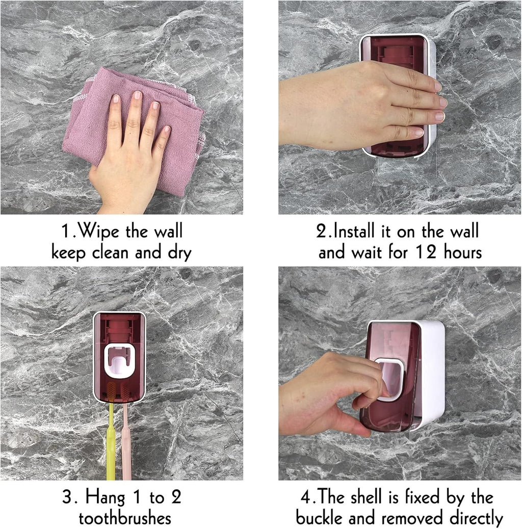 2 Slot Toothbrush Holder and Toothpaste Dispenser Wall Mounted, Automatic Toothpaste Squeezer, 2 in 1 Tooth Brush Toothpaste Organizer for Shower (Red)