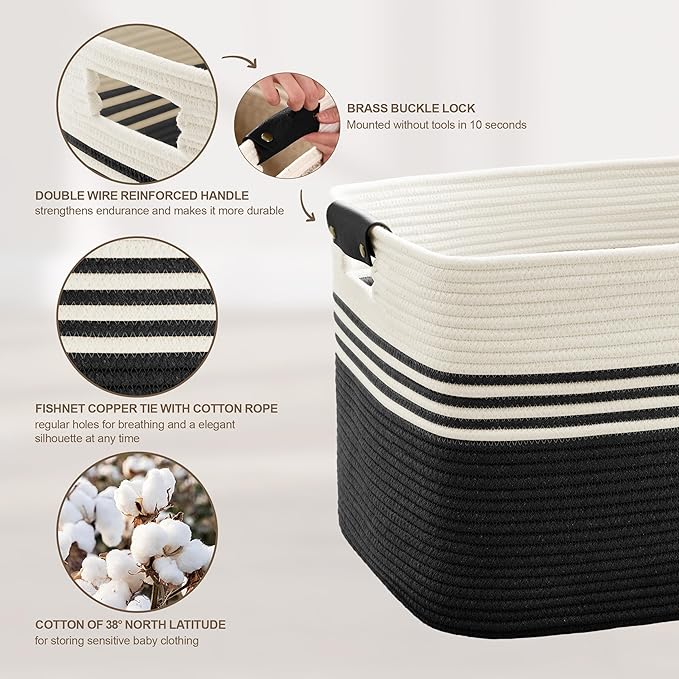 100L Extra Large Laundry Basket with Leather Handles for Living Room Storage, Woven Rope Baskets for Blanket, Kids Toy, Gifts, Wicker Hamper for Bedroom Dirty Clothes, 24"x16"x16" White Black