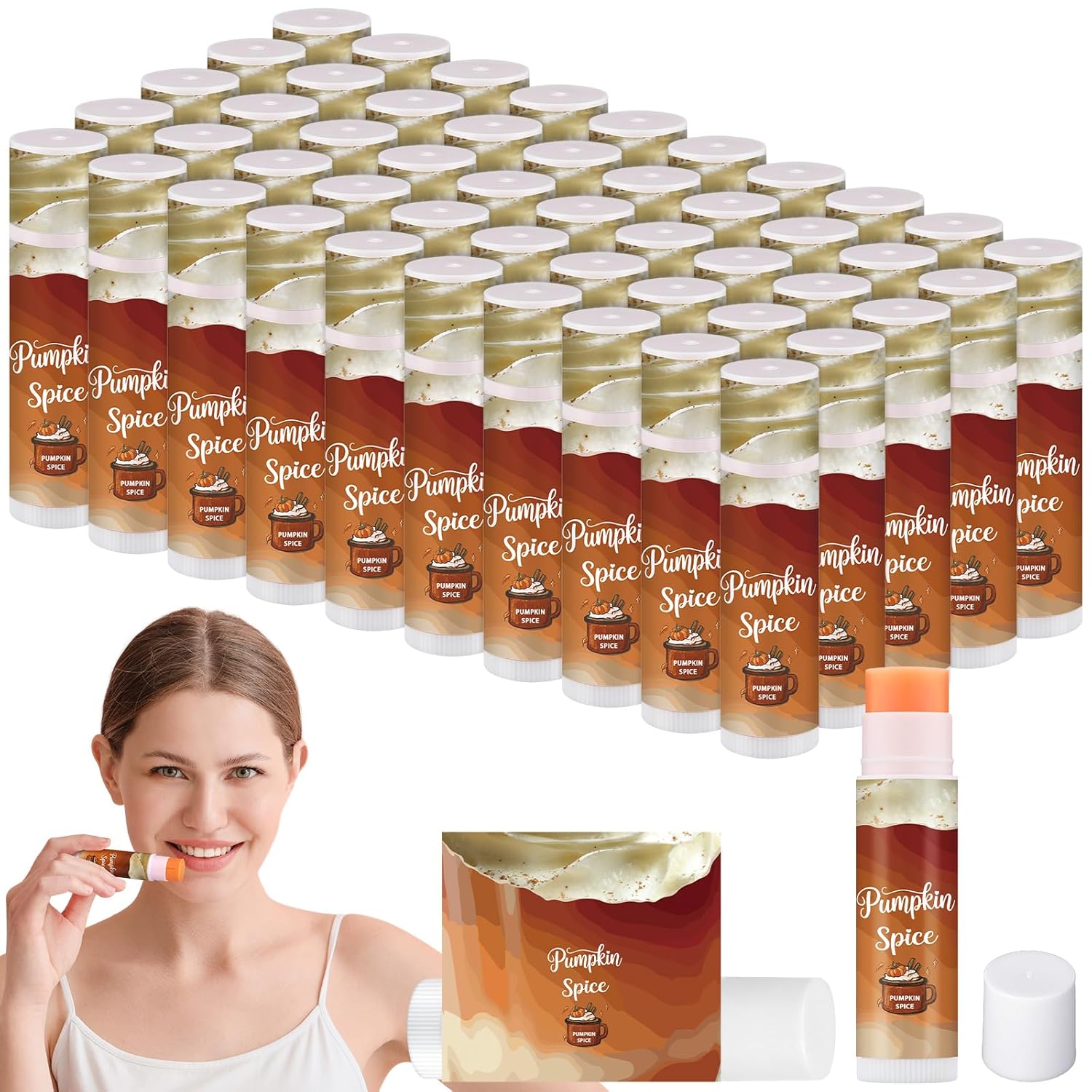 50 Pcs Halloween Fall Pumpkin Spice Flavor Lip Balms Gifts Bulk Halloween Fall Party Stocking Stuffers Small Thank You Appreciation Gifts for Women Men Staff Coworkers Employee Homeless