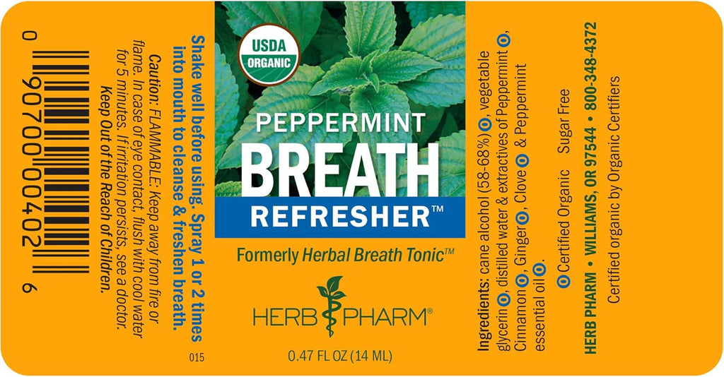 Herb Pharm Breath Refresher Certified Organic Herbal Fresh Breath Spray, Peppermint