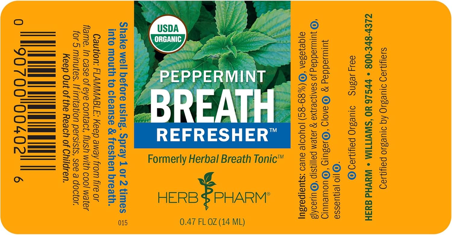 Herb Pharm Breath Refresher Certified Organic Herbal Fresh Breath Spray, Peppermint