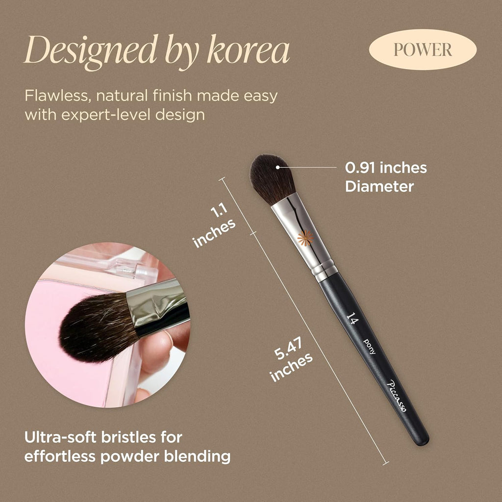 Piccasso PONY14 Makeup Brush– Soft Tapered Blush & Highlighter Applicator for Face Makeup, Fluffy Powder Finish with Soft Hair, Small Size for Precision, Professional Korean Beauty Essential