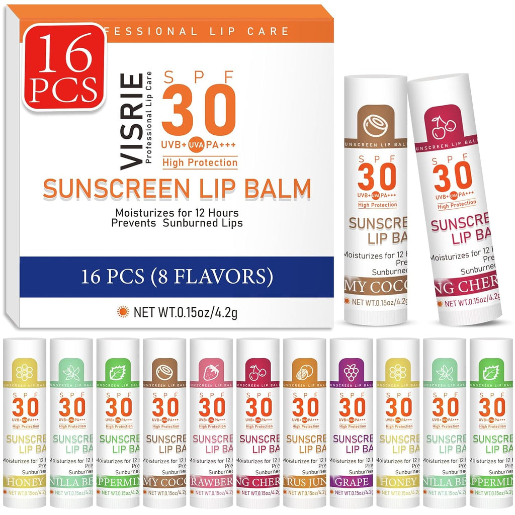 SPF 30 Lip Sunscreen, SPF Lip Balm Travel Size 16 Pack, Hydrating Lip Balm Bulk with Vitamin E and Coconut Oil- 8 Flavors