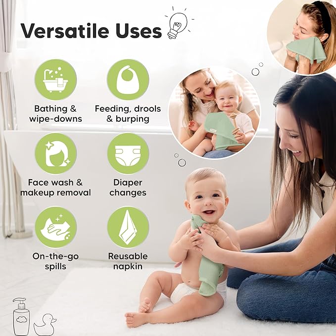 6-Pack Baby Washcloths - Soft Absorbent Viscose from Bamboo Wash Cloths for Babies, Kids, Toddlers, Infant, Newborn Bath Towels, Gentle on Sensitive Skin, 10x10 Reusable Face Towels (Pistachio)
