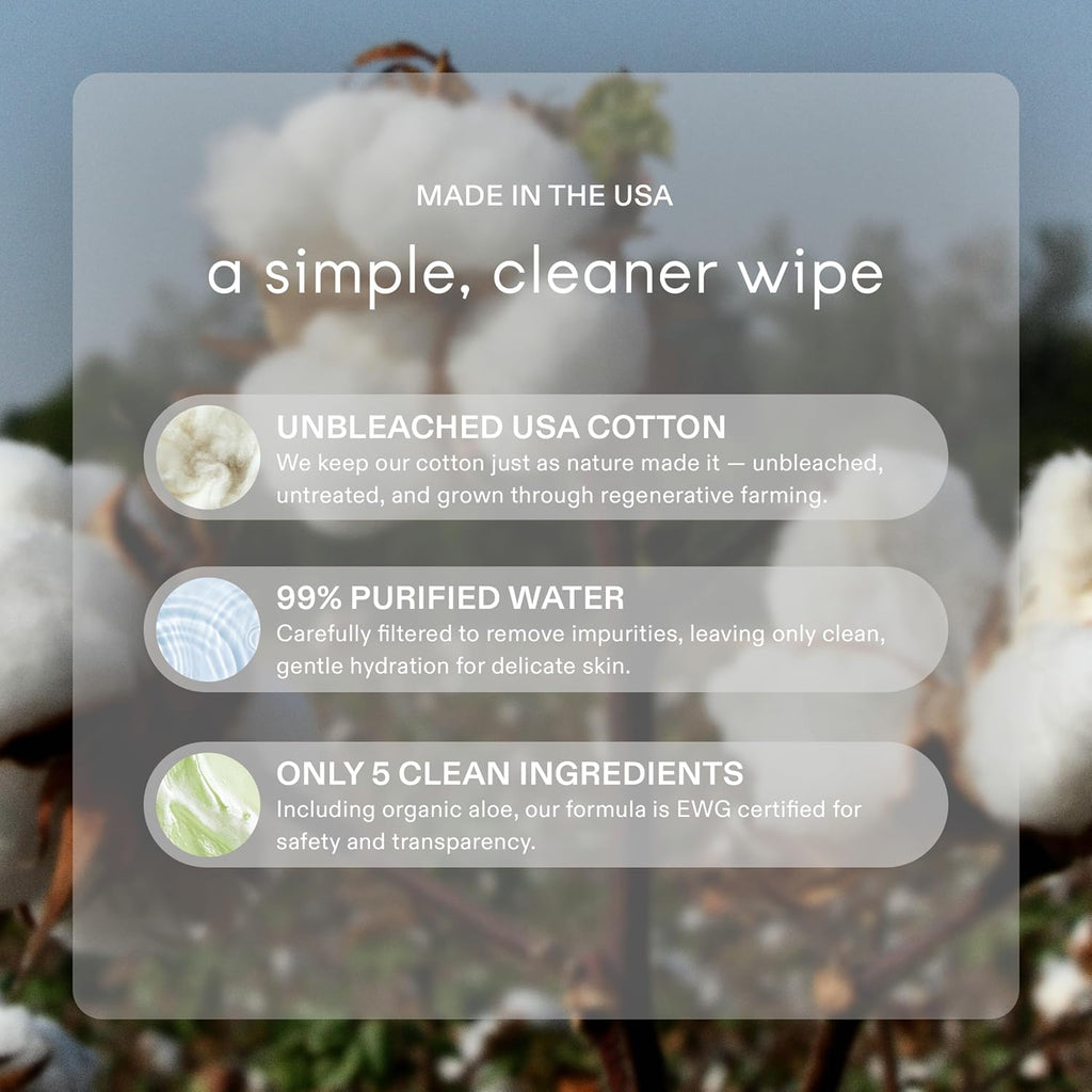 Raan, 100% Cotton Baby & Toddler Wipes, Unbleached, 99% Purified Water, Unscented, EWG verified, Made for Sensitive Skin, Extra Soft and Durable, 8 pack, 480 Count