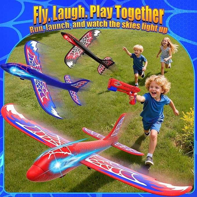 3 Pack Airplane Launcher Toy with Glowing Eyes & Web-Pattern Wings,2 Flight Modes Outdoor Games for Kids,Boys Toys Age 3-12,Birthday Gifts for 3 4 5 6 7 8 9 10 11 12 Year Old,Kids Gift(Red&Blue&Black)